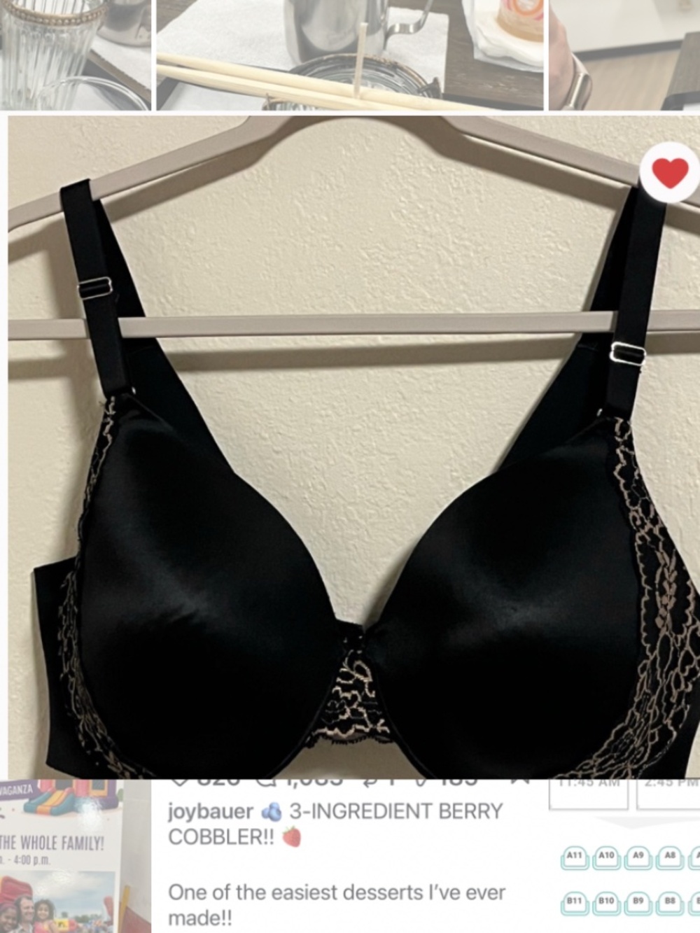 Soma Black Satin T-Shirt Bra with Beige Lace Trim